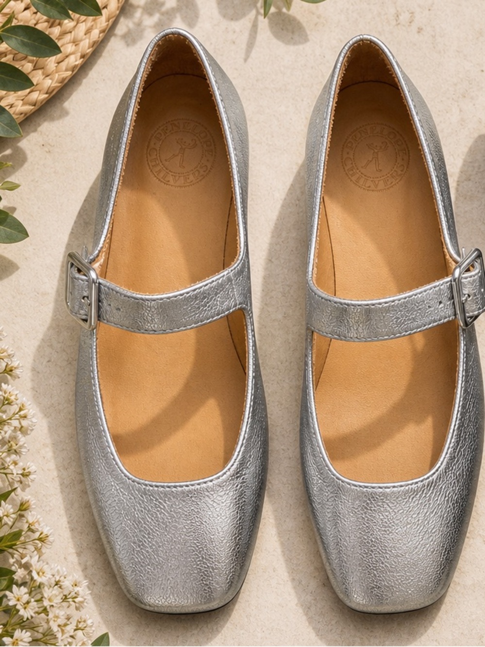 Penelope Chilvers Silver Leather Mary Jane Flats Size 39 Ballet Square Toe - Picture 7 of 7